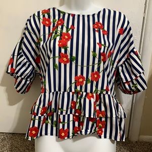 Sweet Rain Blue and White Floral and Striped Top